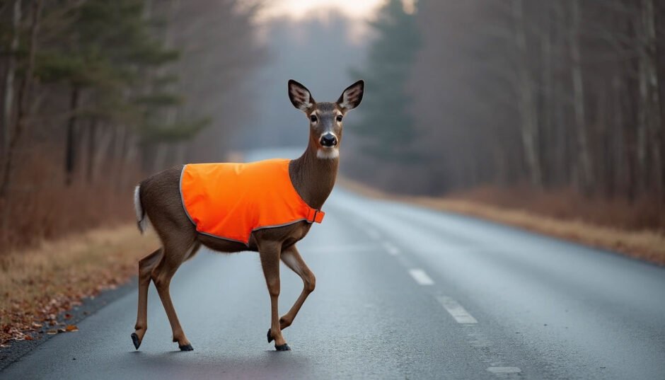 Hi-Vis Vested Deer Spotted Across Roads